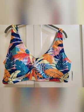 Old Navy Teal & Navy Tropical Print Swim Top